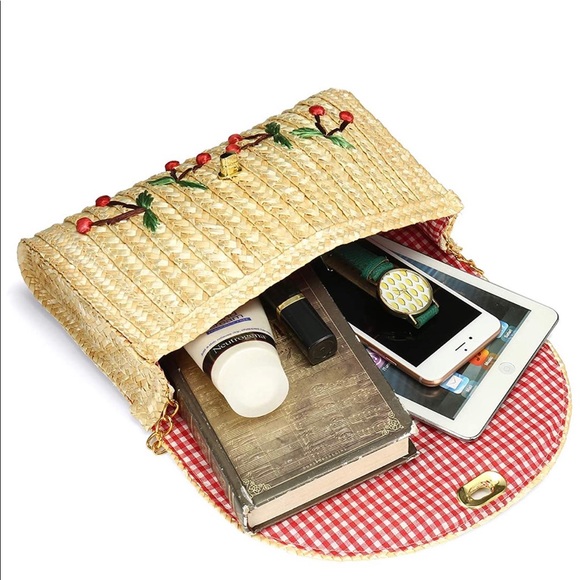 NWT! Cherry Embroidered Straw Clutch Crossbody Bag - Picture 2 of 2